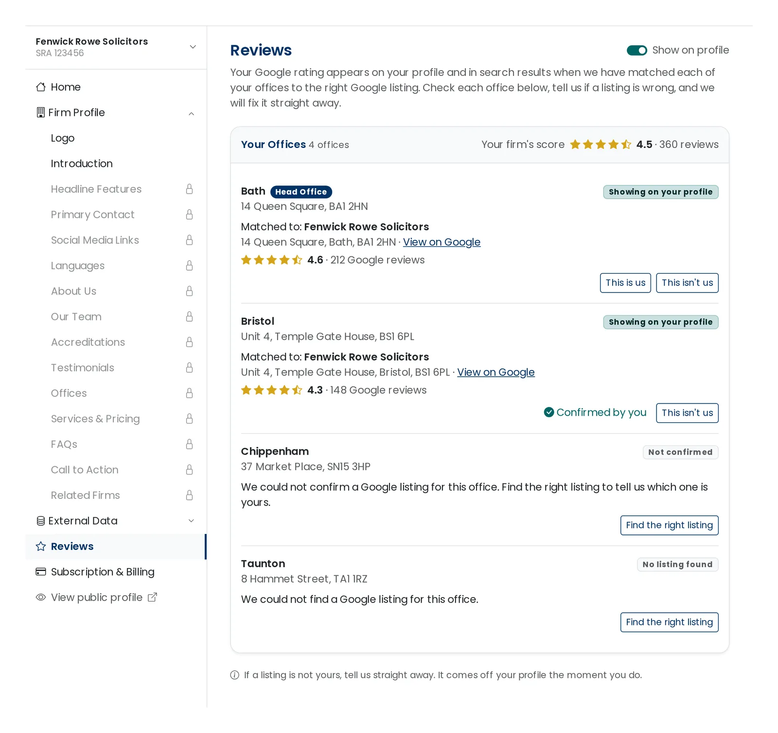 The Reviews page in a firm's dashboard, with the Google listing matched to each office, its status, and the actions the firm can take.