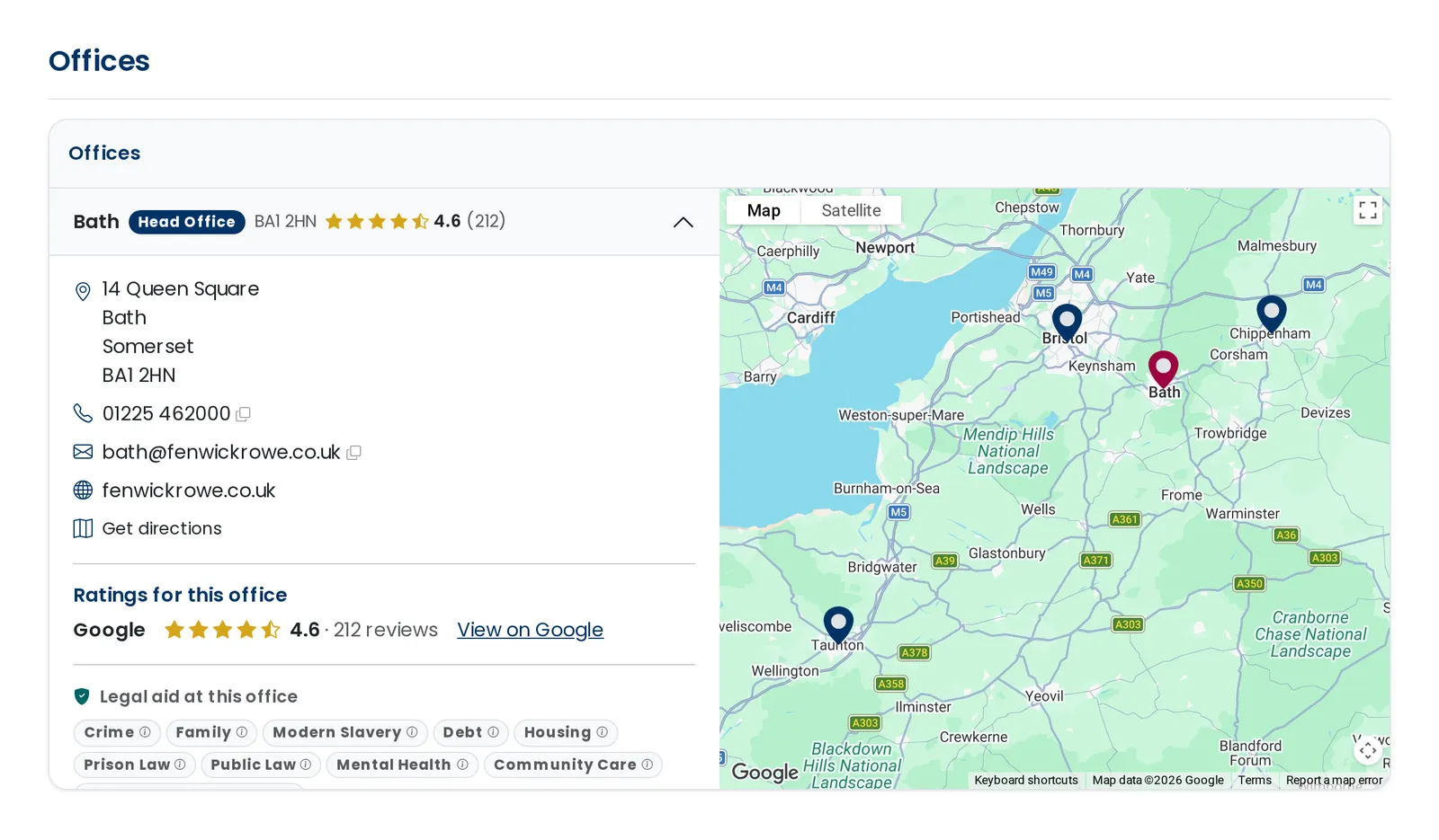 The Offices section of a firm's profile, with a star rating beside each office and a link to the office's Google listing.